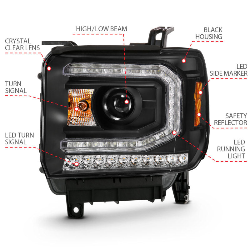 ANZO 111485 FITS: 2016-2019 Gmc Sierra 1500 Projector Headlight Plank Style Black w/ Sequential Amber Signal