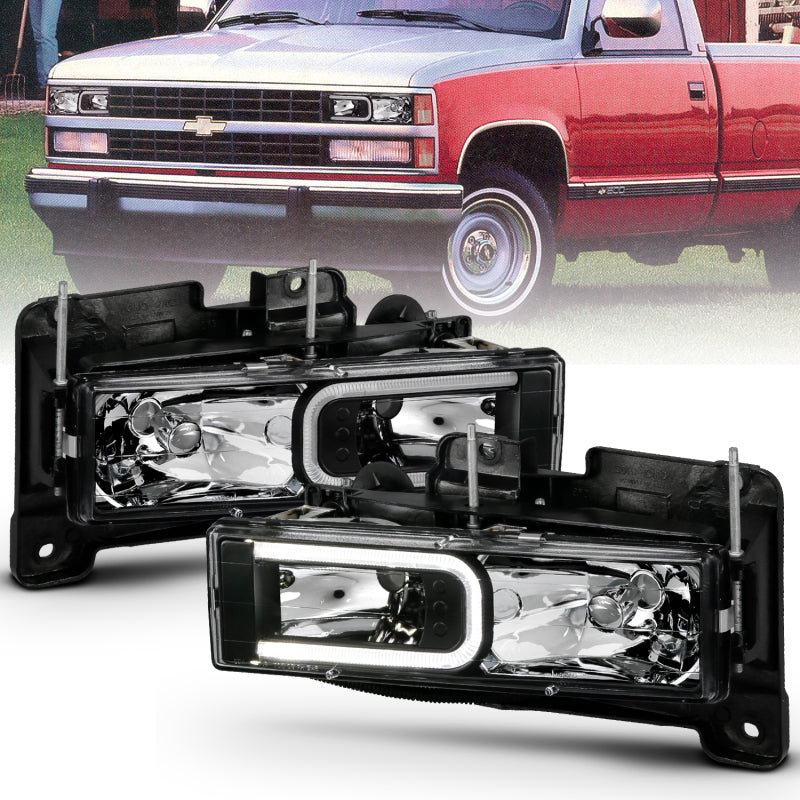 ANZO 111498 FITS 1999-2000 Cadillac Escalade Crystal Headlights Light Bar Black Housing (Pair)
