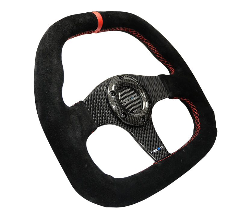 NRG ST-019CF - Carbon Fiber Steering Wheel (320mm) Flat Btm. Blk Suede/Red Stitch w/CF Spokes & Red Center Mark