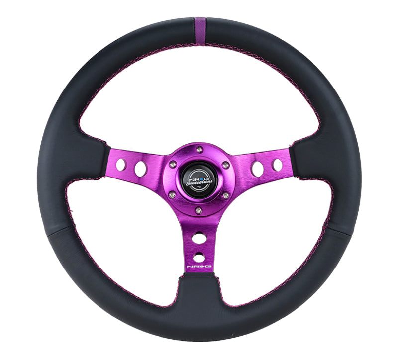 NRG RST-006PP - Reinforced Steering Wheel (350mm / 3in. Deep) Black Leather w/Purple Center & Purple Stitching