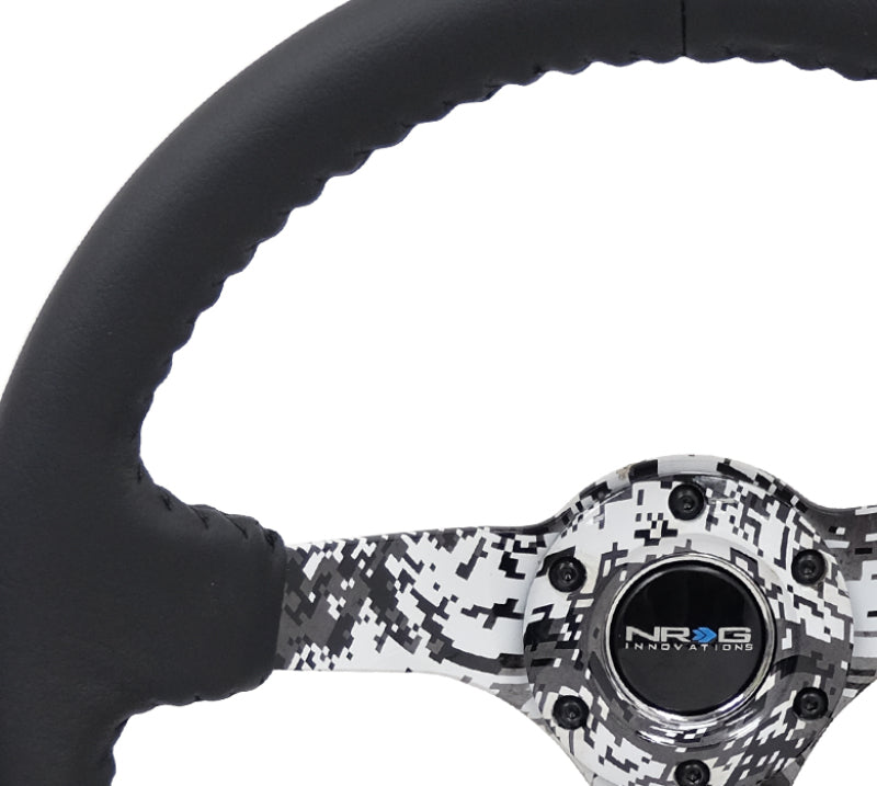 NRG Reinforced Steering Wheel (350mm / 3in. Deep) Blk Leather w/Hydrodipped Digi-Camo Spokes - free shipping - Fastmodz