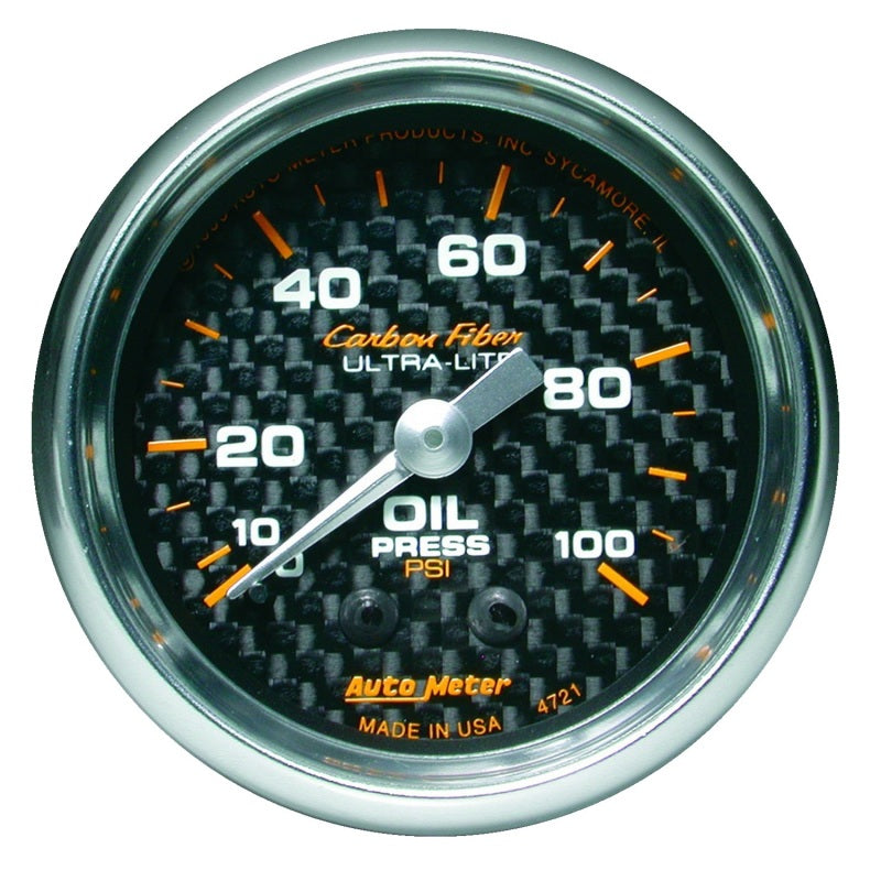 AutoMeter 4721 - Autometer Carbon Fiber 52mm 100 PSI Mechanical Oil Pressure Gauge