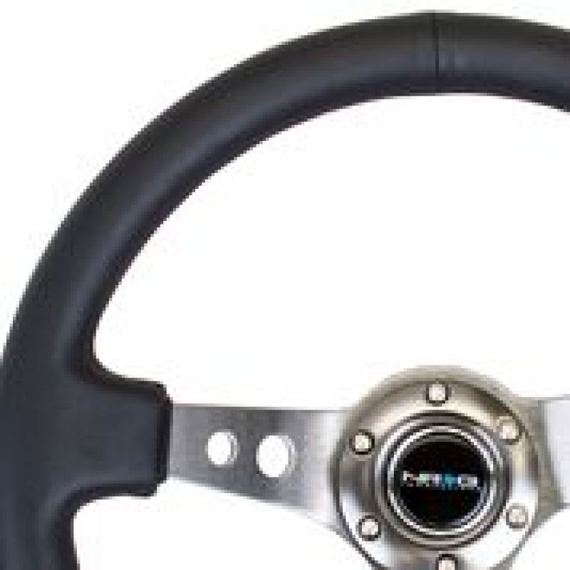 NRG Reinforced Steering Wheel (350mm / 3in. Deep) Blk Leather w/Gunmetal Circle Cutout Spokes - free shipping - Fastmodz