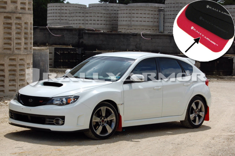 Rally Armor MF15-UR-RD/WH FITS: V2 08-11 STI (hatch only) / 11 WRX (hatch only) UR Red Mud Flap w/ White Logo