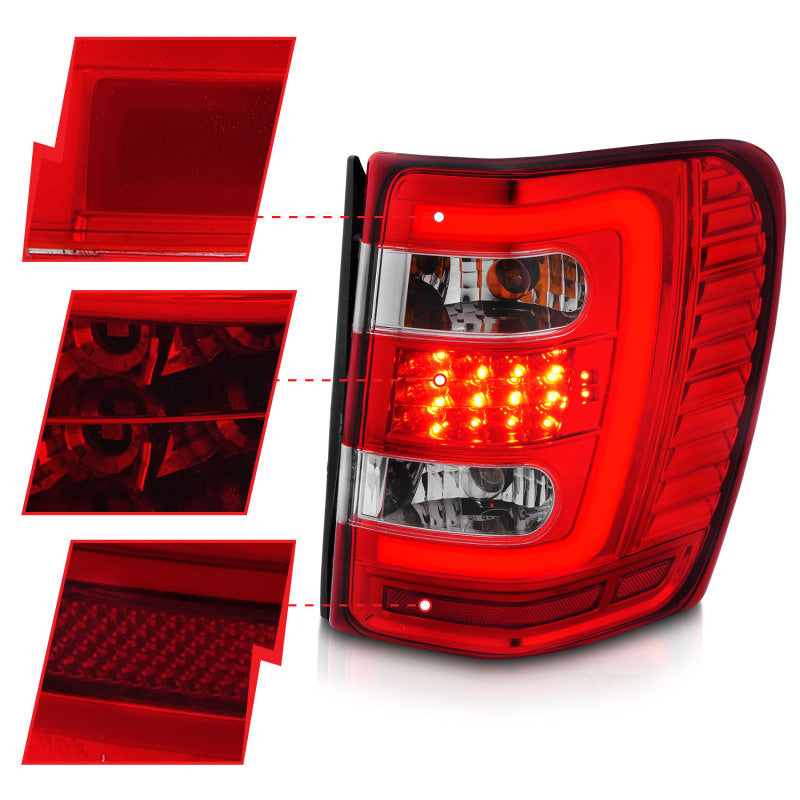 ANZO 311396 FITS 1999-2004 Jeep Grand Cherokee LED Tail Lights w/ Light Bar Chrome Housing Red/Clear Lens