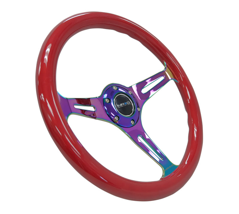 NRG ST-015MC-RD - Classic Wood Grain Steering Wheel (350mm) Red Grip w/Neochrome 3-Spoke Center