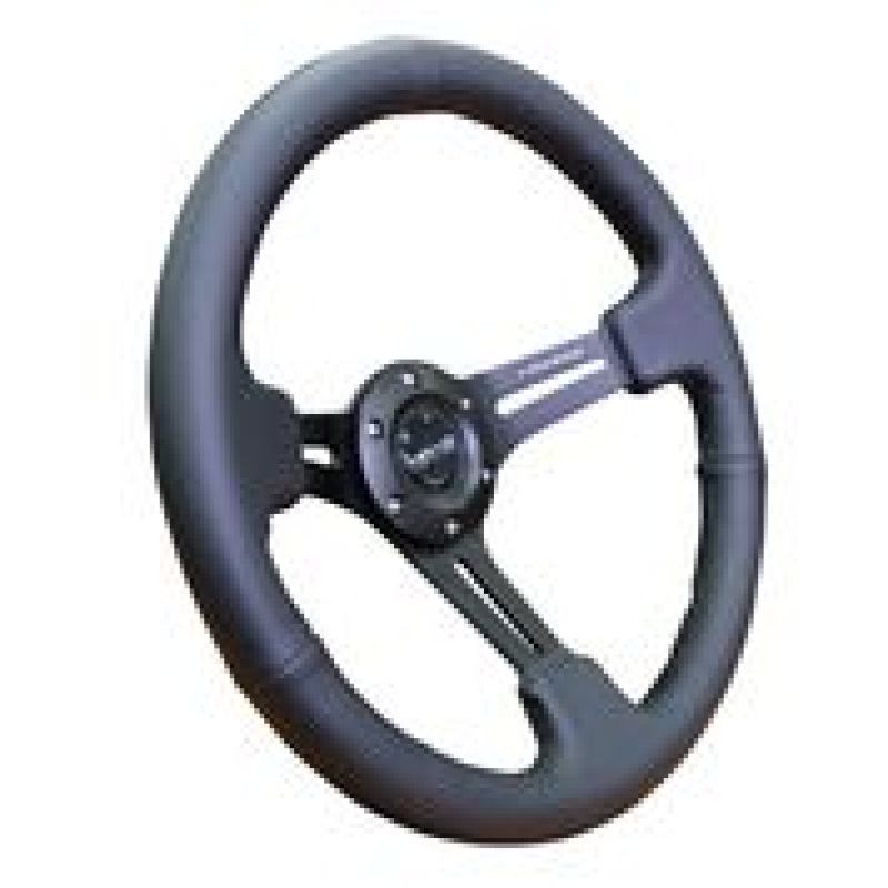 NRG Reinforced Steering Wheel (350mm / 3in. Deep) Black Leather w/ Black Stitching - free shipping - Fastmodz