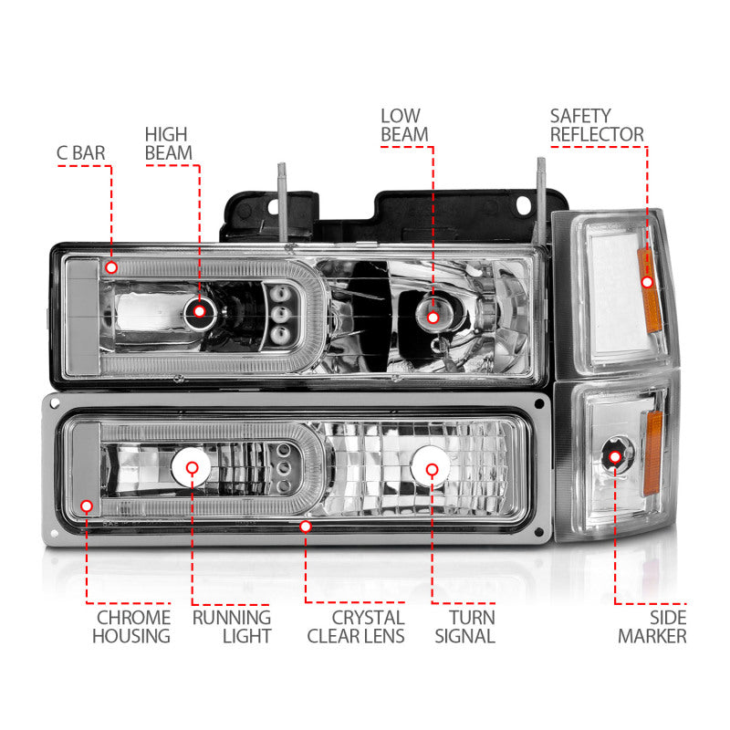 ANZO 111529 -  FITS: 88-98 Chevrolet C1500 Crystal Headlights w/Light Bar Chrome Housing w/ Signal Side Markers 8Pcs