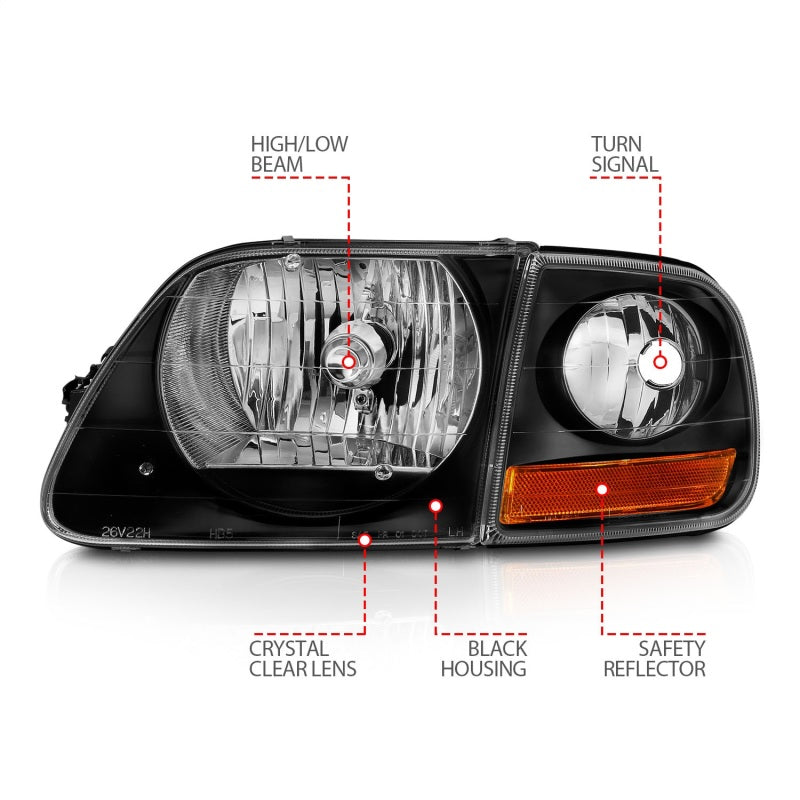 ANZO 111460 FITS 1997-2003 Ford F150 Crystal Headlight Black w/ Parking Light