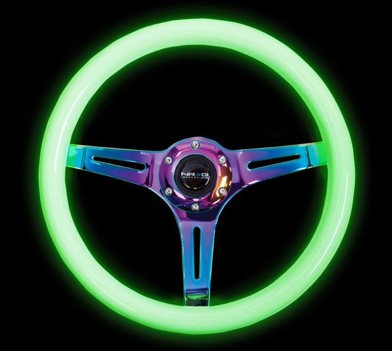 NRG ST-015MC-GL - Classic Wood Grain Steering Wheel (350mm) Glow-N-The-Dark Green Grip w/Neochrome 3-Spoke Center