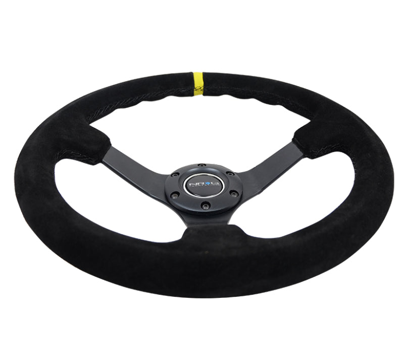 NRG RST-036MB-S-Y - Reinforced Steering Wheel (350mm / 3in. Deep) Blk Suede/X-Stitch w/5mm Blk Spoke & Yellow CM