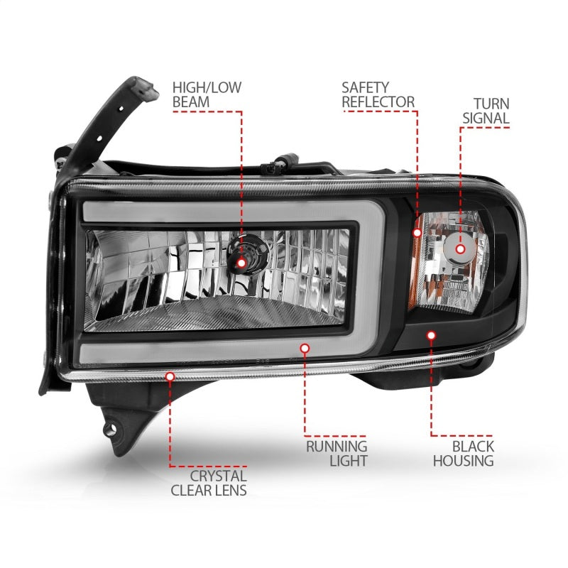 ANZO 111554 FITS 111554 - FITS: 94-02 Dodge RAM Crystal Headlightw/ Light Bar Black Housing