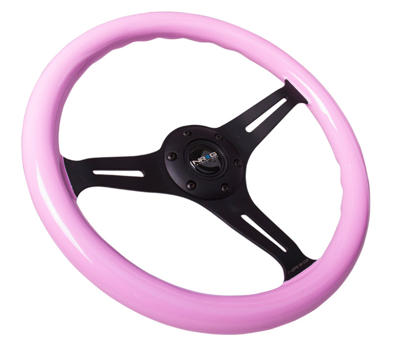 NRG Classic Wood Grain Steering Wheel (350mm) Solid Pink Painted Grip w/Black 3-Spoke Center - free shipping - Fastmodz