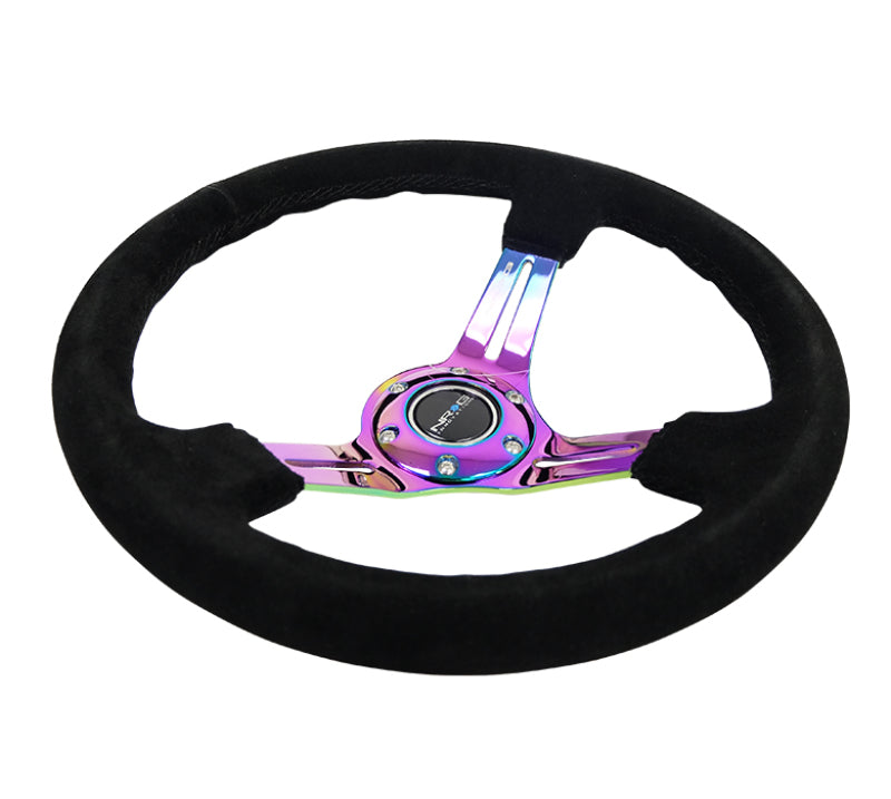 NRG RST-018S-MCBS - Reinforced Steering Wheel (350mm / 3in. Deep) Blk Suede/Blk Stitch w/Neochrome Slits