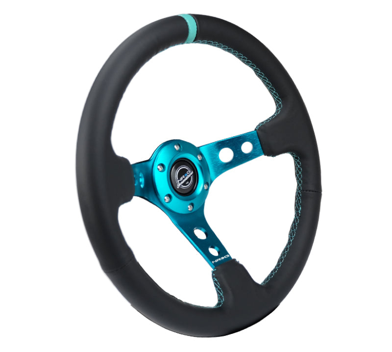 NRG Reinforce Steering Wheel (350mm / 3in. Deep) Blk Leather, Teal Center Mark w/ Teal Stitching - free shipping - Fastmodz