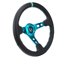 Load image into Gallery viewer, NRG Reinforce Steering Wheel (350mm / 3in. Deep) Blk Leather, Teal Center Mark w/ Teal Stitching - free shipping - Fastmodz