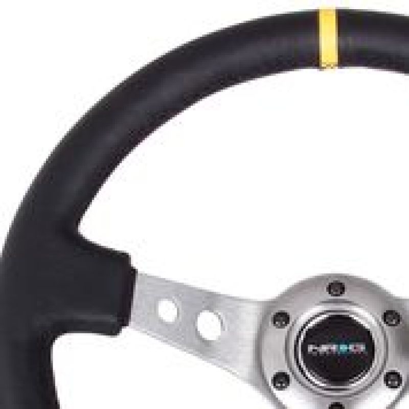 NRG RST-006GM-Y - Reinforced Steering Wheel (350mm / 3in. Deep) Blk Leather w/Gunmetal Cutout Spoke & Yellow CM
