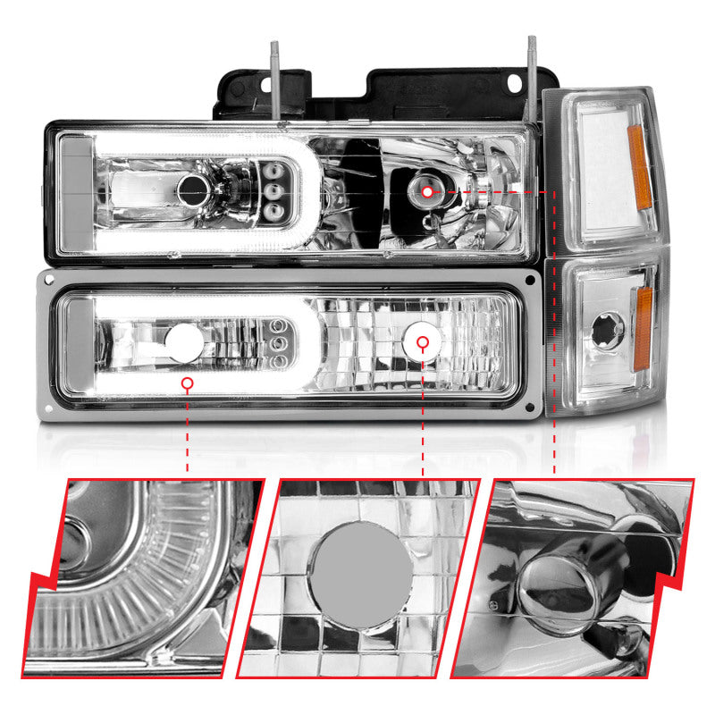 ANZO 111529 -  FITS: 88-98 Chevrolet C1500 Crystal Headlights w/Light Bar Chrome Housing w/ Signal Side Markers 8Pcs