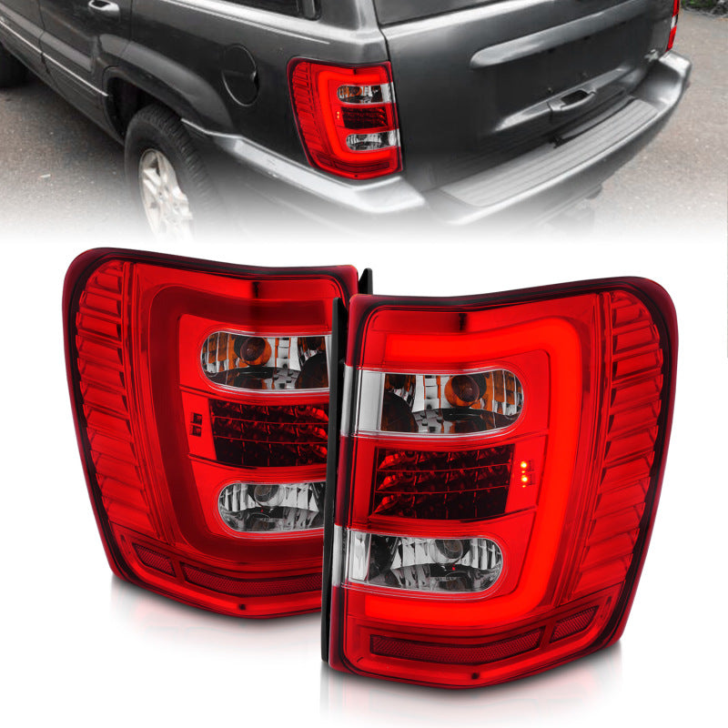 ANZO 311396 FITS 1999-2004 Jeep Grand Cherokee LED Tail Lights w/ Light Bar Chrome Housing Red/Clear Lens