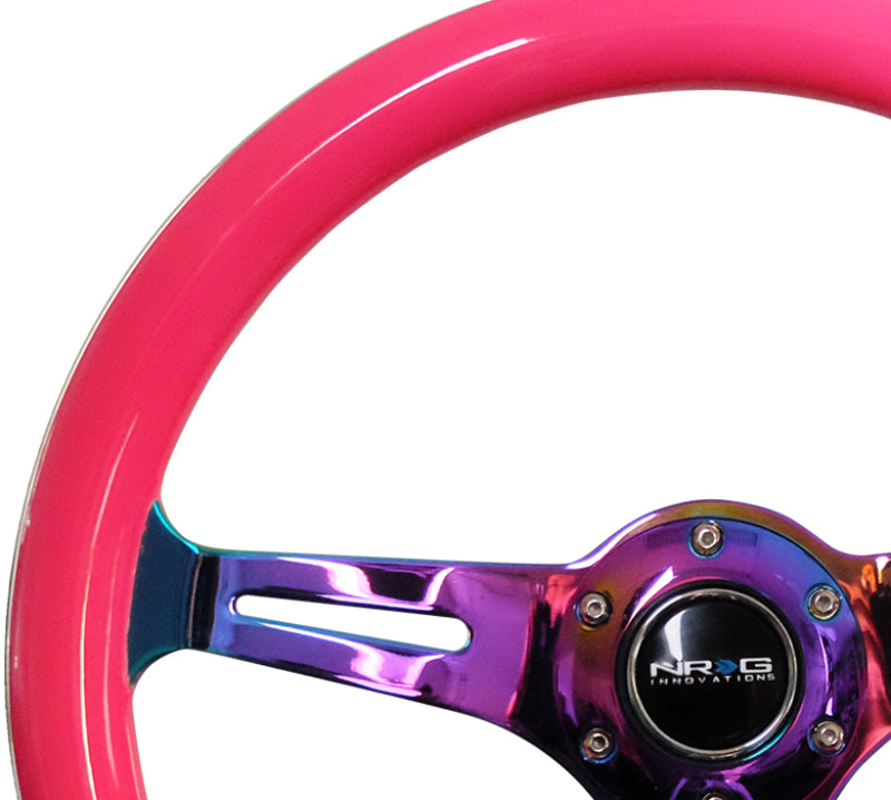 NRG ST-015MC-NPK - Classic Wood Grain Steering Wheel (350mm) Neon Pink Painted Grip w/Neochrome 3-Spoke Center