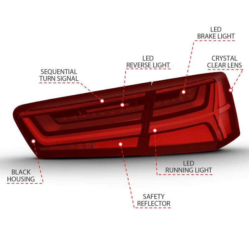 ANZO 321353 -  FITS: 2012-2018 Audi A6 LED Taillight Black Housing Red/Clear Lens 4 pcs (Sequential Signal)