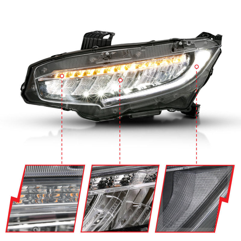 ANZO 121527 FITS: 16-17 Honda Civic Projector Headlights Plank Style Black w/Amber/Sequential Turn Signal