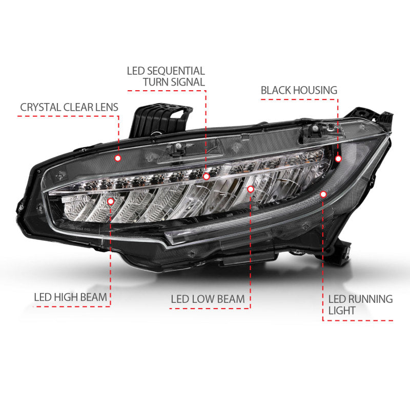 ANZO 121527 FITS: 16-17 Honda Civic Projector Headlights Plank Style Black w/Amber/Sequential Turn Signal