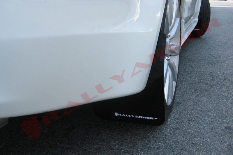 Rally Armor MF8-UR-BLK/WH FITS: 2007+ Mitsubishi Lancer (doesnt fit Sportback) UR Black Mud Flap w/ White Logo