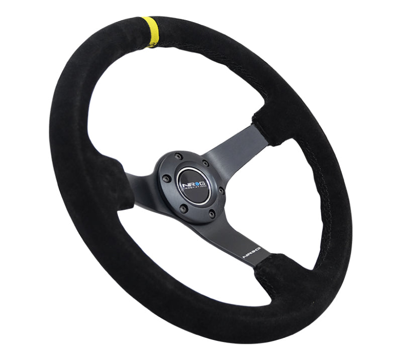 NRG RST-036MB-S-Y - Reinforced Steering Wheel (350mm / 3in. Deep) Blk Suede/X-Stitch w/5mm Blk Spoke & Yellow CM