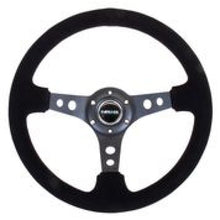Load image into Gallery viewer, NRG RST-006-S - Reinforced Steering Wheel (350mm / 3in. Deep) Blk Suede/Blk Stitch w/Black Circle Cutout Spokes