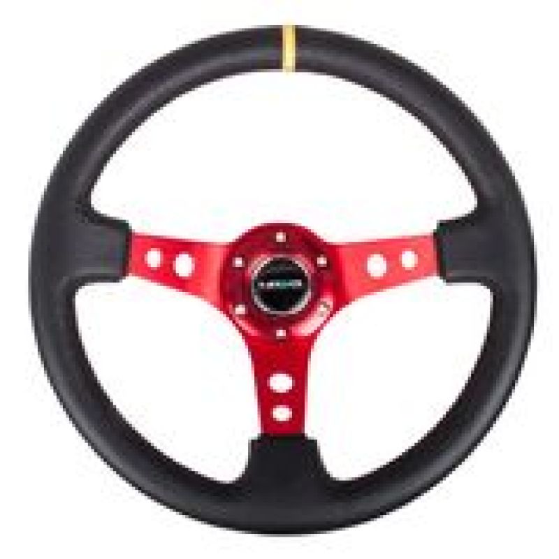 NRG RST-006RD-Y - Reinforced Steering Wheel (350mm / 3in. Deep) Blk Leather w/Red Spokes & Sgl Yellow Center Mark