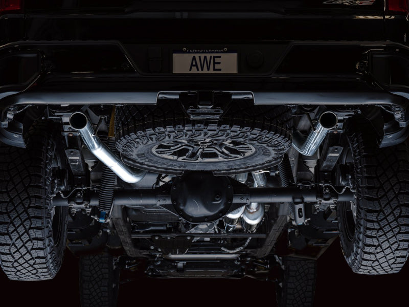 AWE Tuning 3015-31972 FITS 22-23 GMC Sierra 1500 AT4X 6.2L 0FG Catback Split Dual (Flat Bumper) - Bashguard(No Tips)