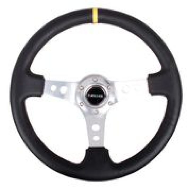 NRG RST-006SL-Y - Reinforced Steering Wheel (350mm / 3in. Deep) Blk Leather w/Circle Cut Spokes & Single Yellow CM