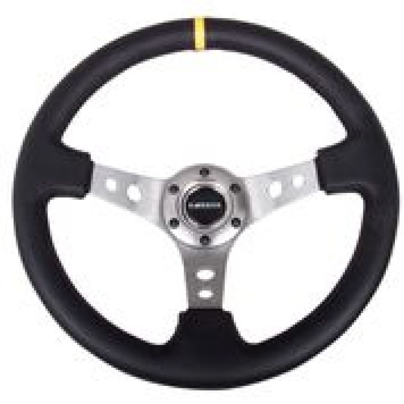 NRG RST-006GM-Y - Reinforced Steering Wheel (350mm / 3in. Deep) Blk Leather w/Gunmetal Cutout Spoke & Yellow CM