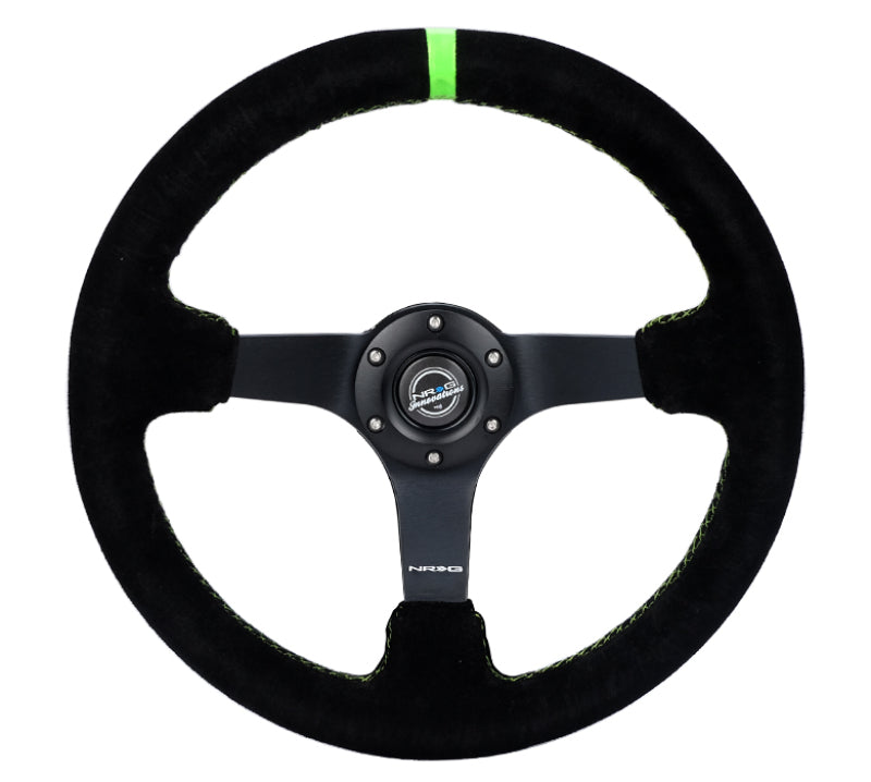 NRG RST-036MB-S-GN - Reinforced Steering Wheel 350mm/3in. Deep Blk Suede/ Neon Green Stitch w/5mm Matte Black Spoke