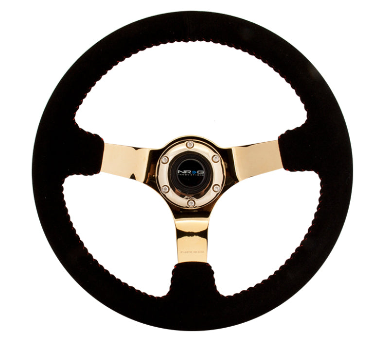 NRG RST-036GD-S - Reinforced Steering Wheel (350mm / 3in. Deep) Blk Suede w/Red BBall Stitch & Chrome Gold 3-Spoke