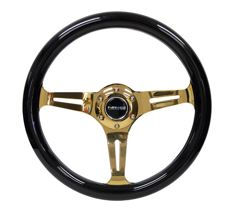 NRG ST-015CG-BK - Classic Wood Grain Steering Wheel (350mm) Black Grip w/Chrome Gold 3-Spoke Center