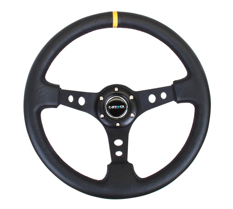 NRG RST-006BK-Y - Reinforced Steering Wheel (350mm / 3in. Deep) Blk Leather w/Blk Cutout Spoke/Yellow Center Mark