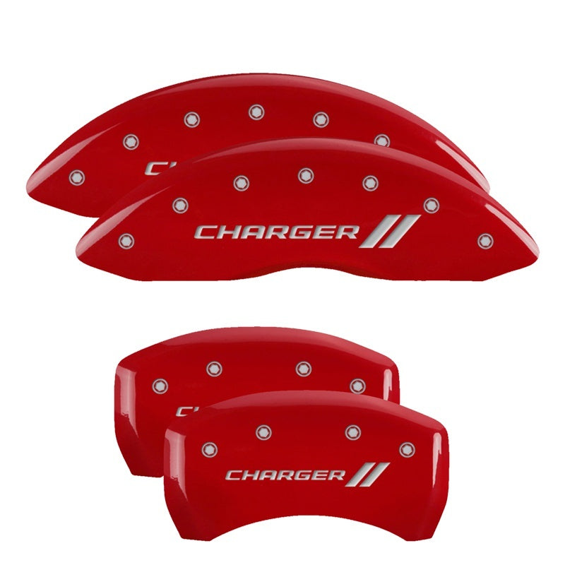 MGP 12162SCH1RD FITS 4 Caliper Covers Engraved Front & Rear With stripes/Charger Red finish silver ch