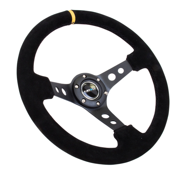 NRG RST-006S-Y - Reinforced Steering Wheel (350mm / 3in. Deep) Blk Suede w/Circle Cut Spokes & Single Yellow CM