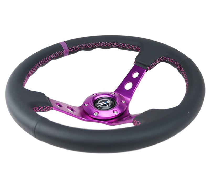 NRG RST-006PP - Reinforced Steering Wheel (350mm / 3in. Deep) Black Leather w/Purple Center & Purple Stitching