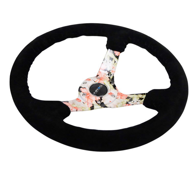 NRG RST-036FL-S - Reinforced Steering Wheel (350mm / 3in. Deep) Blk Suede Floral Dipped w/ Blk Baseball Stitch