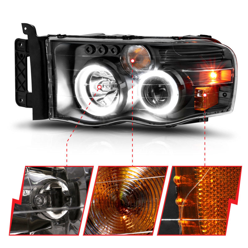 ANZO 111490 -  FITS: 2002-2005 Dodge Ram 1500 Projector Headlights w/ Halo Black Clear Amber