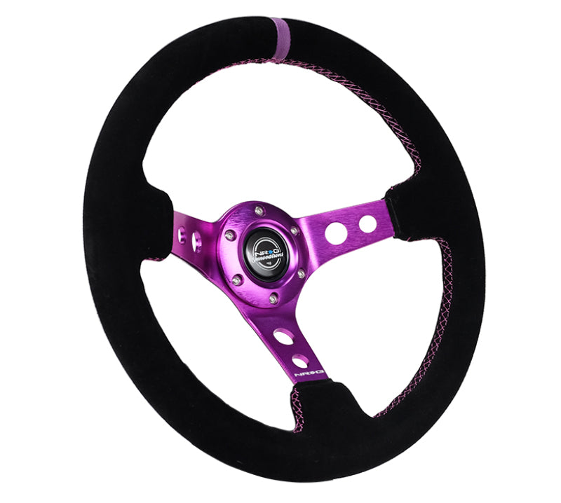 NRG RST-006S-PP - Reinforced Steering Wheel (350mm / 3in. Deep) Black Suede w/Purple Center & Purple Stitching