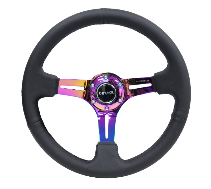 NRG RST-018R-MCBS - Reinforced Steering Wheel (350mm / 3in. Deep) Blk Leather/Blk Stitch w/Neochrome Slits