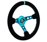 NRG RST-006S-TL - Reinforced Steering Wheel (350mm/ 3in. Deep) Black Suede/ Teal Center Mark/ Teal Stitching