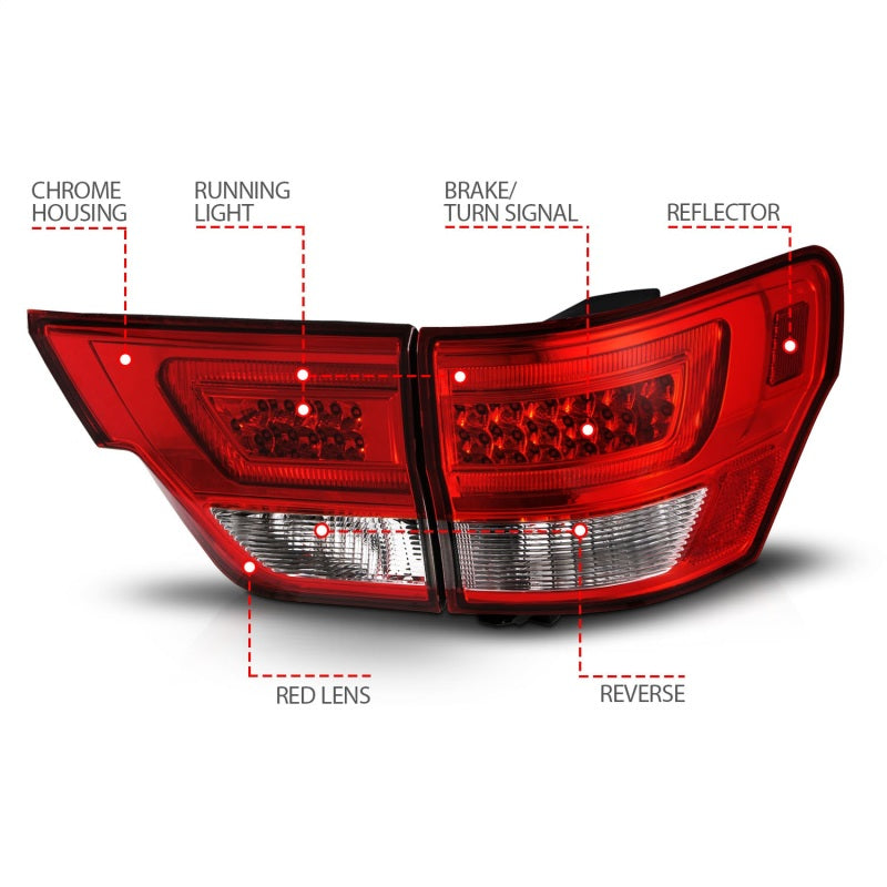 ANZO 311442 FITS 11-13 Jeep Grand Cherokee LED Taillights w/ Lightbar Chrome Housing Red/Clear Lens 4pcs