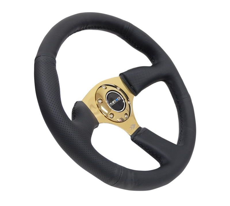 NRG Reinforced Steering Wheel (350mm / 2.5in. Deep) Leather Race Comfort Grip w/4mm Gold Spokes - free shipping - Fastmodz