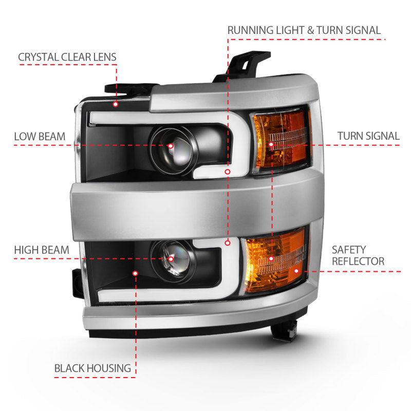 ANZO - [product_sku] - ANZO 2015-2016 Chevrolet Silverado Projector Headlights w/ Plank Style Design Black w/ Amber - Fastmodz