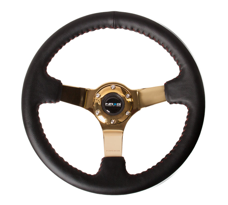 NRG Reinforced Steering Wheel (350mm / 3in. Deep) Blk Leather/Red BBall Stitch w/4mm Gold Spokes - free shipping - Fastmodz